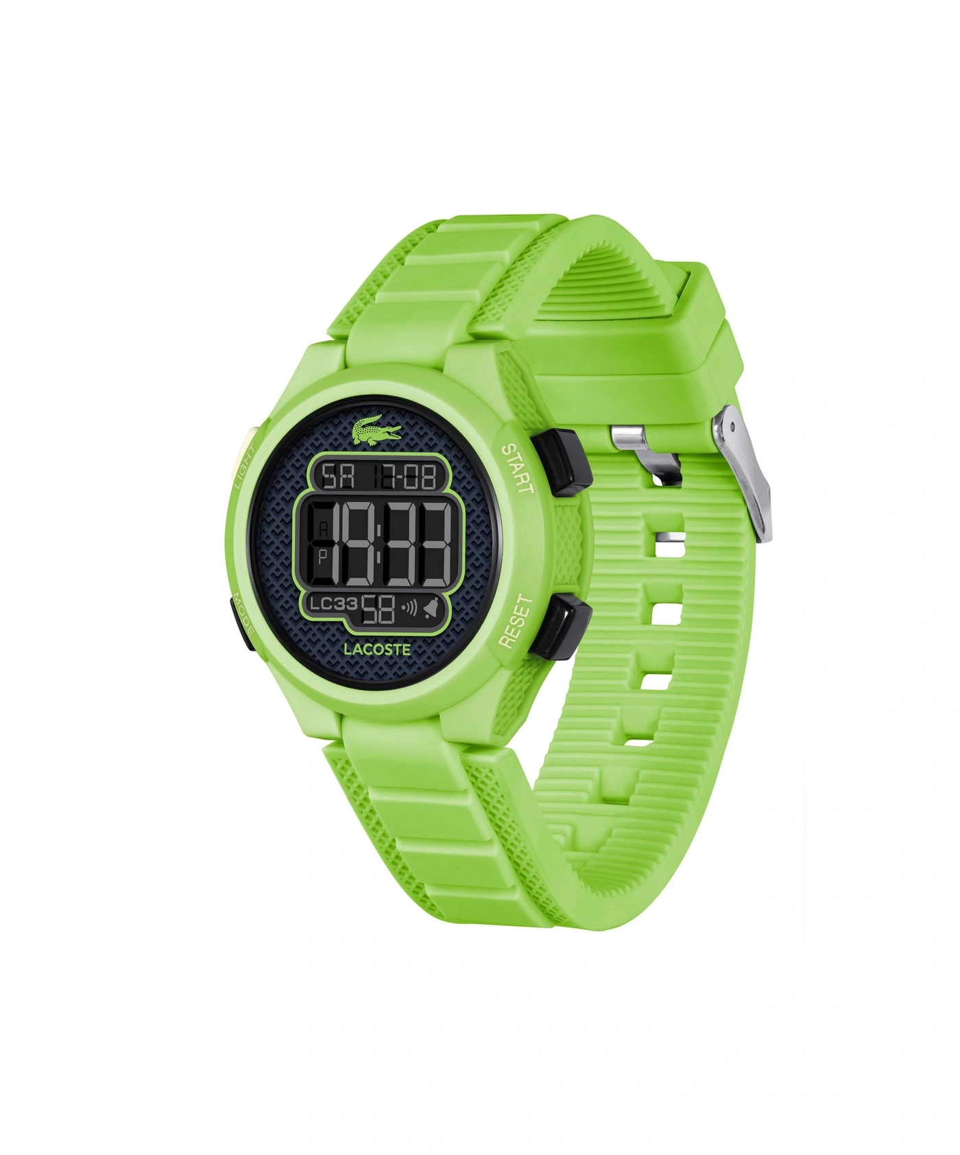 Grüne Lacoste-Herrenuhr mit digitaler Anzeige und Kroko-Logo.