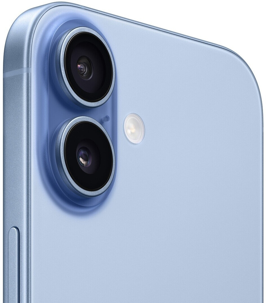 Nahaufnahme der Rückseite eines hellblauen Smartphones mit zwei Kameras und Blitz.