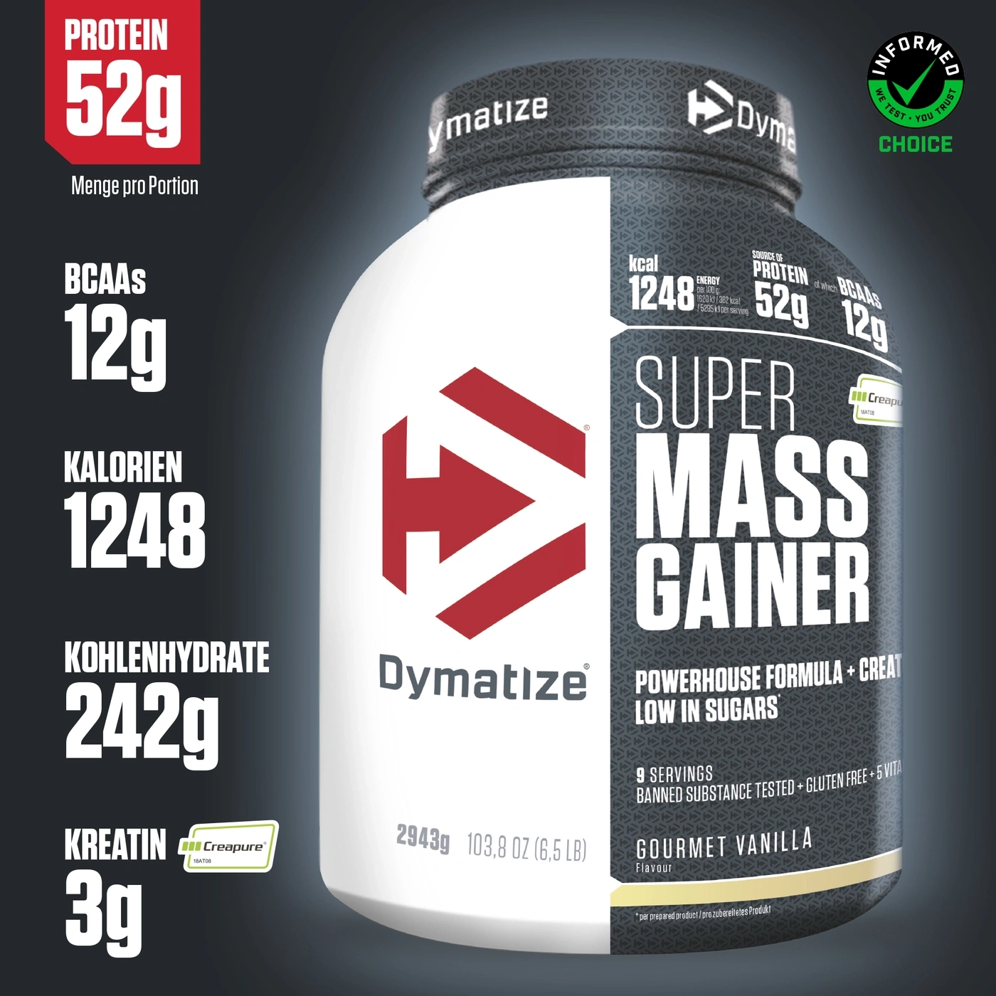 Dymatize Super Mass Gainer, Protein, Kalorien, Kohlenhydrate, Kreatin, BCAA, Gourmet Vanilla