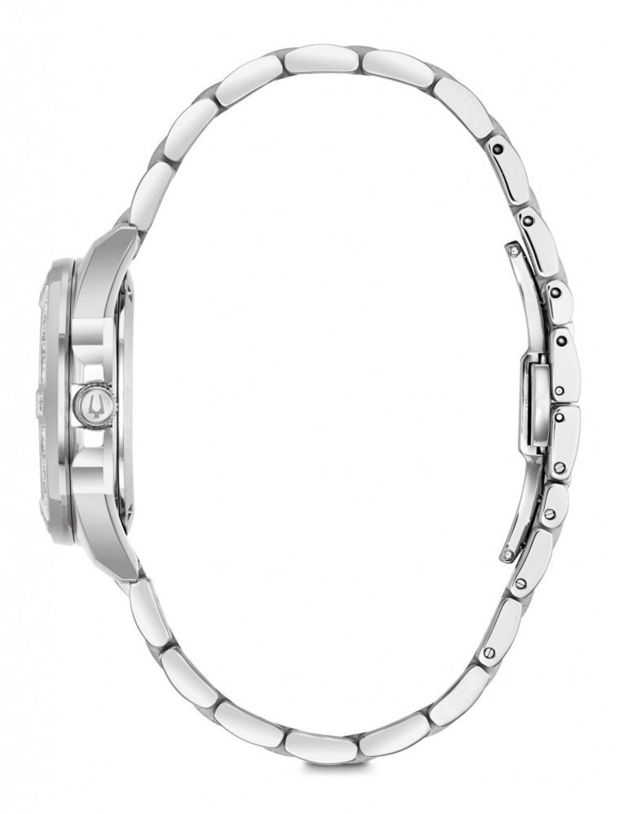 Silberne Damenuhr mit Armband, Seitenansicht, elegant und stilvoll