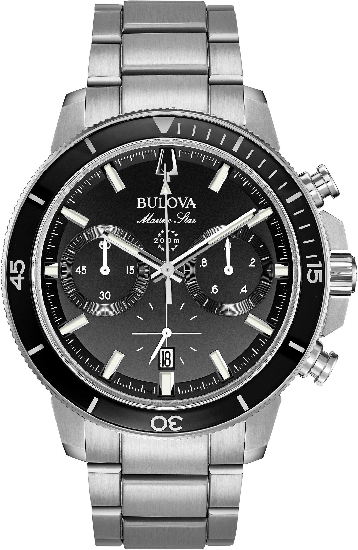 Bulova Marine Star Chronograph Uhr mit schwarzem Zifferblatt und silbernem Armband.