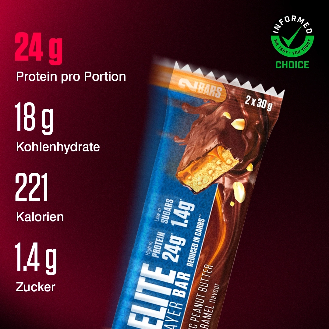 Schokoladenriegel mit Erdnussbutter und Karamellgeschmack, 24 g Protein pro Portion.