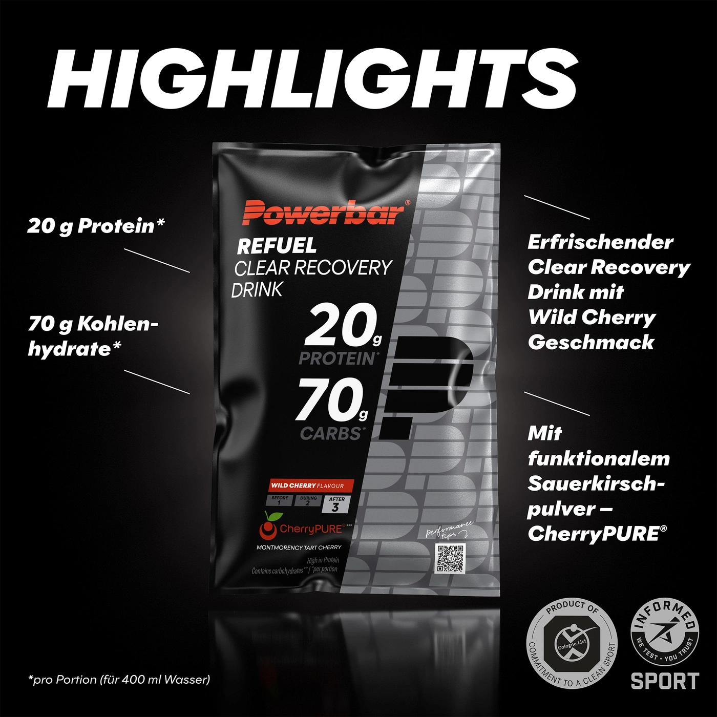 Powerbar Refuel Clear Recovery Drink mit Wild Cherry Geschmack