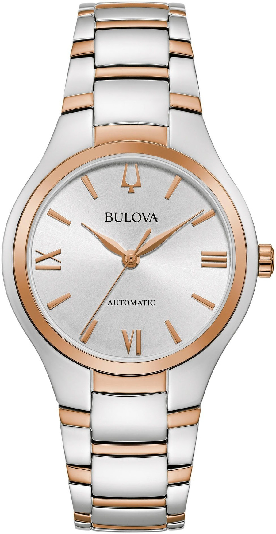 Bulova Damenuhr, silbernes Zifferblatt, roségoldfarbene Akzente, Automatik, Edelstahlarmband.