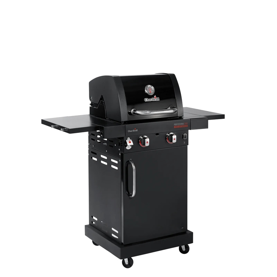 Schwarzer Gasgrill mit zwei Brennern und Klapptisch, Char-Broil.