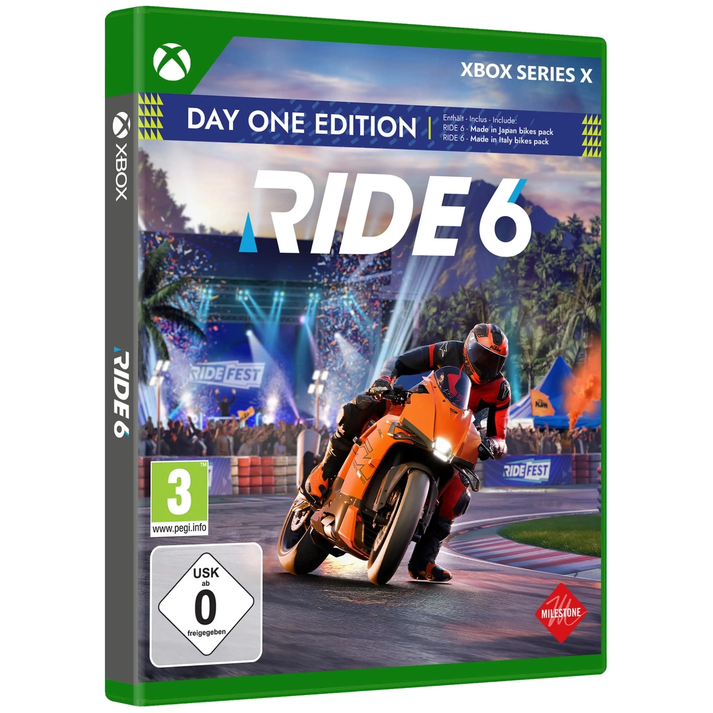 Xbox Series X Spiel "RIDE 6" mit Rennmotorrad und "Day One Edition" Aufdruck