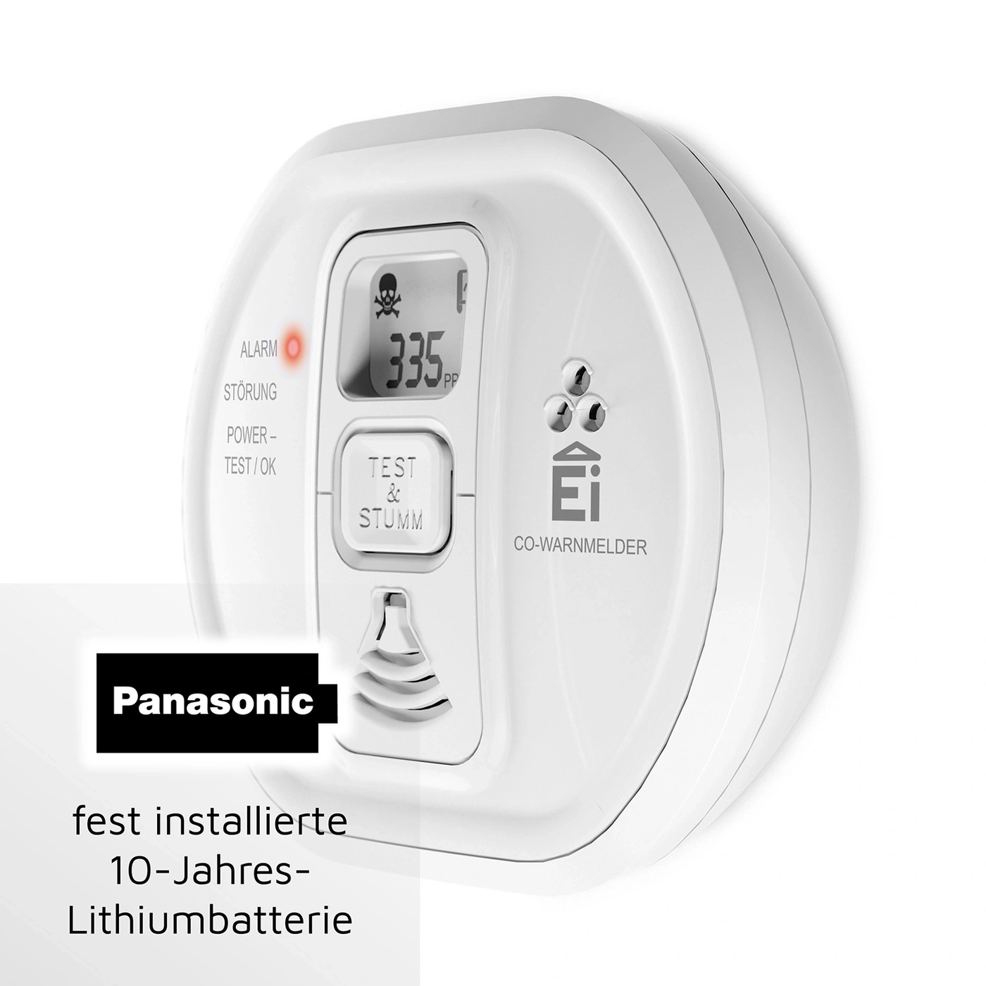 CO-Warnmelder mit Panasonic-Logo, Anzeige 335 ppm, Test- und Stummtaste, 10-Jahres-Lithiumbatterie.