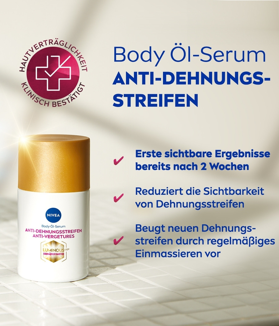 Nivea Body Öl-Serum gegen Dehnungsstreifen, klinisch bestätigt, Hautverträglichkeit.