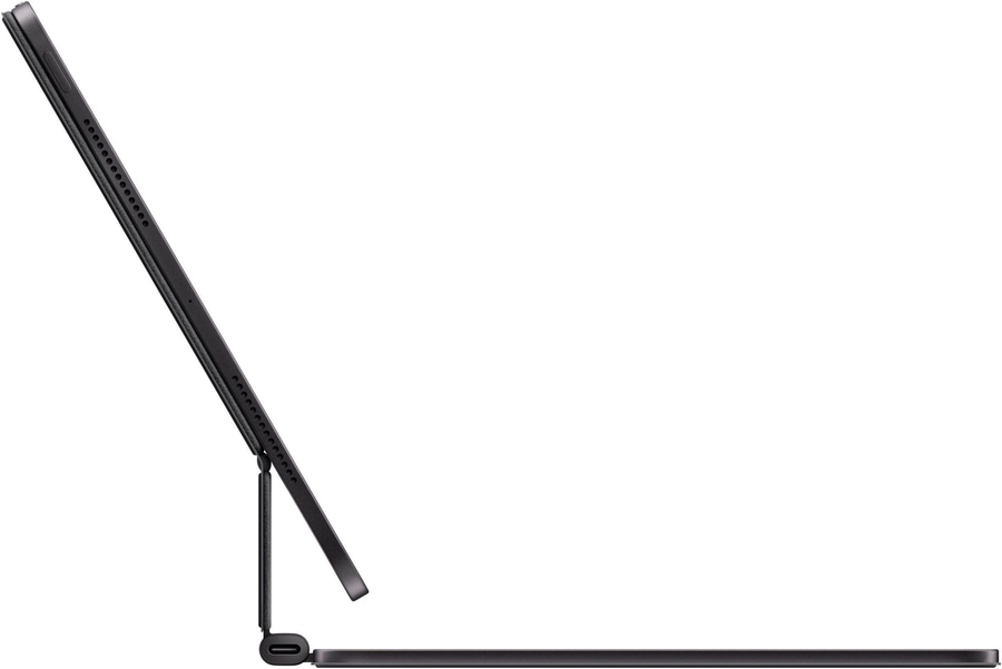 Schwarzes Tablet mit Tastatur, Seitenansicht, auf weißem Hintergrund, Technologie