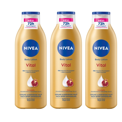 NIVEA Vital Body Lotion 3 x 250ml Granatapfel, Macadamiaöl & Tiefenpflege Serum
