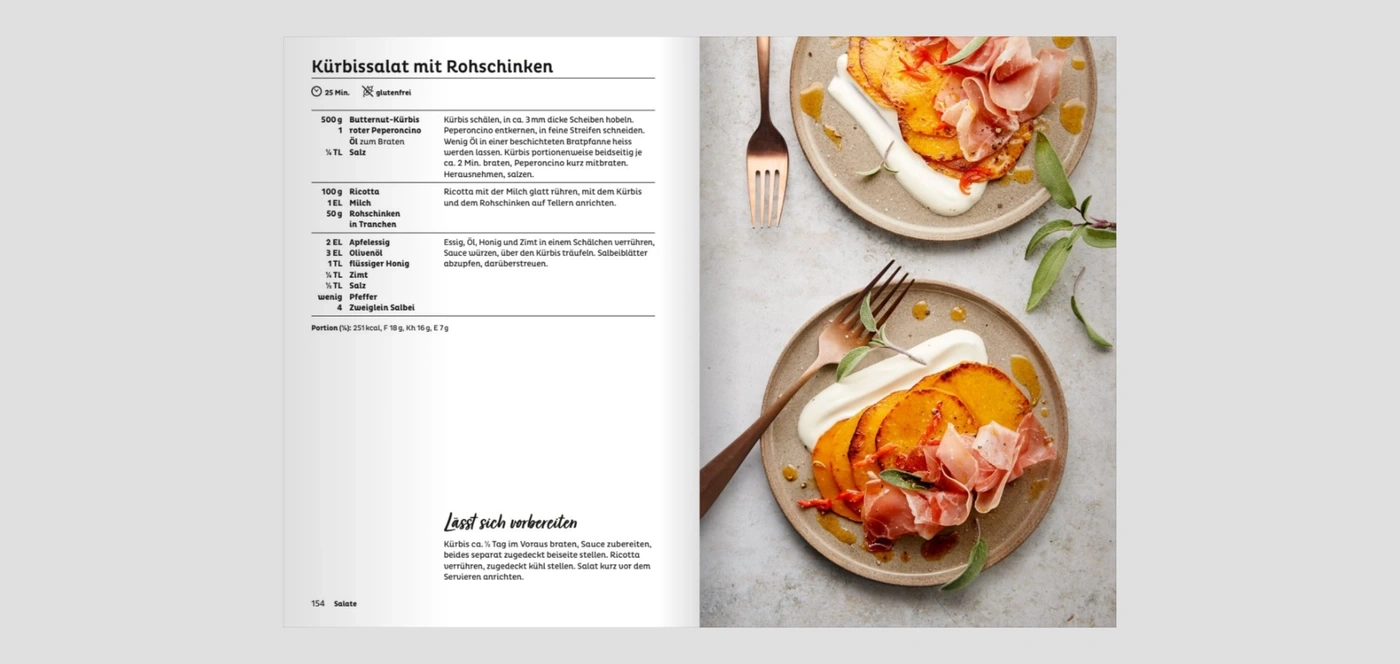 Kürbissalat mit Rohschinken auf Tellern angerichtet