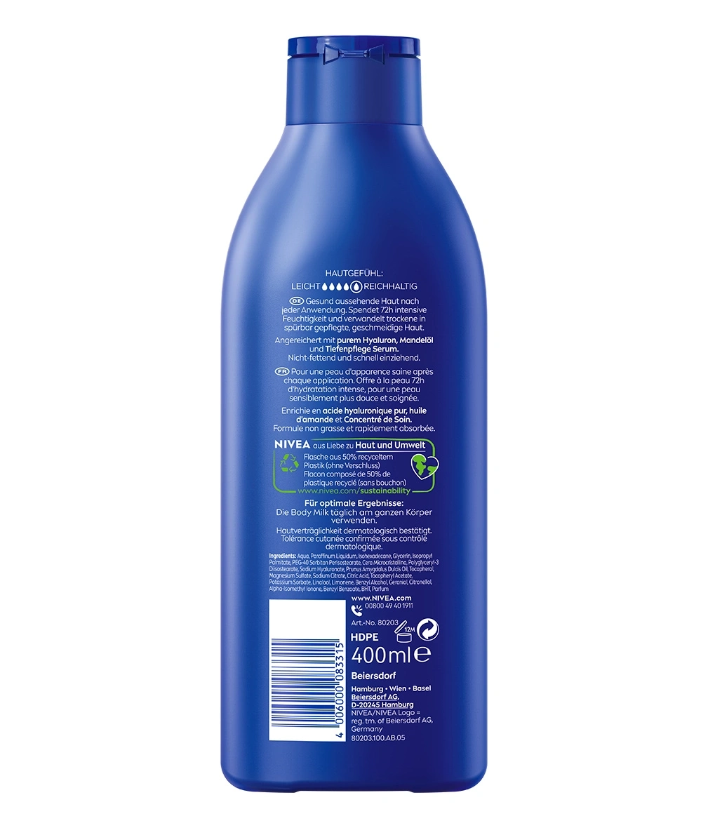Nivea Body Milk Flasche, Hautpflege, 400ml, HDPE, recyceltes Plastik, Feuchtigkeitspflege