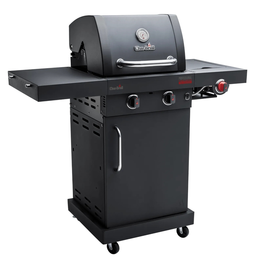 Schwarzer Gasgrill mit zwei Seitenablagen und Rädern, Char-Broil Professional.