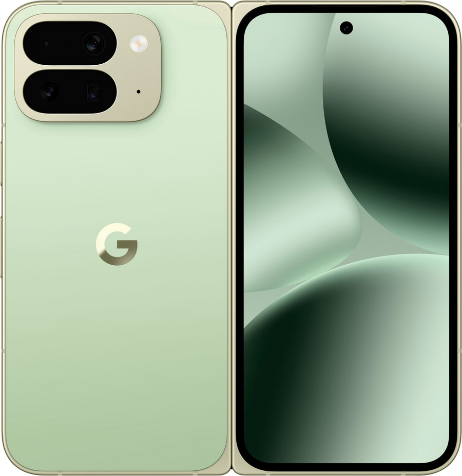 Google Pixel faltbares Smartphone in hellem Grün mit Kameras und G-Logo.
