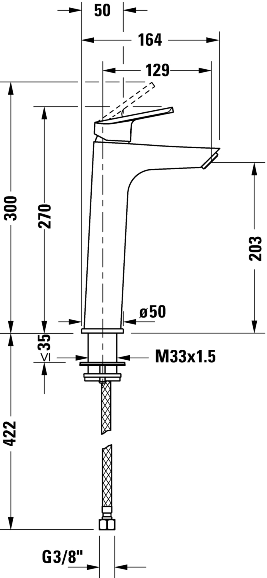 Wasserhahn mit Maßen: 50, 164, 129, 300, 270, 35, 422, 203, Ø50, M33x1.5, G3/8"
