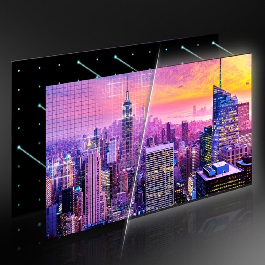PANASONIC Fernseher 55 Zoll 4K Ultra HD LED Smart TV 144 Hz HDR10+ TV-55W93AE9 Stadtbild auf einem Bildschirm mit Hintergrundbeleuchtung und Raster