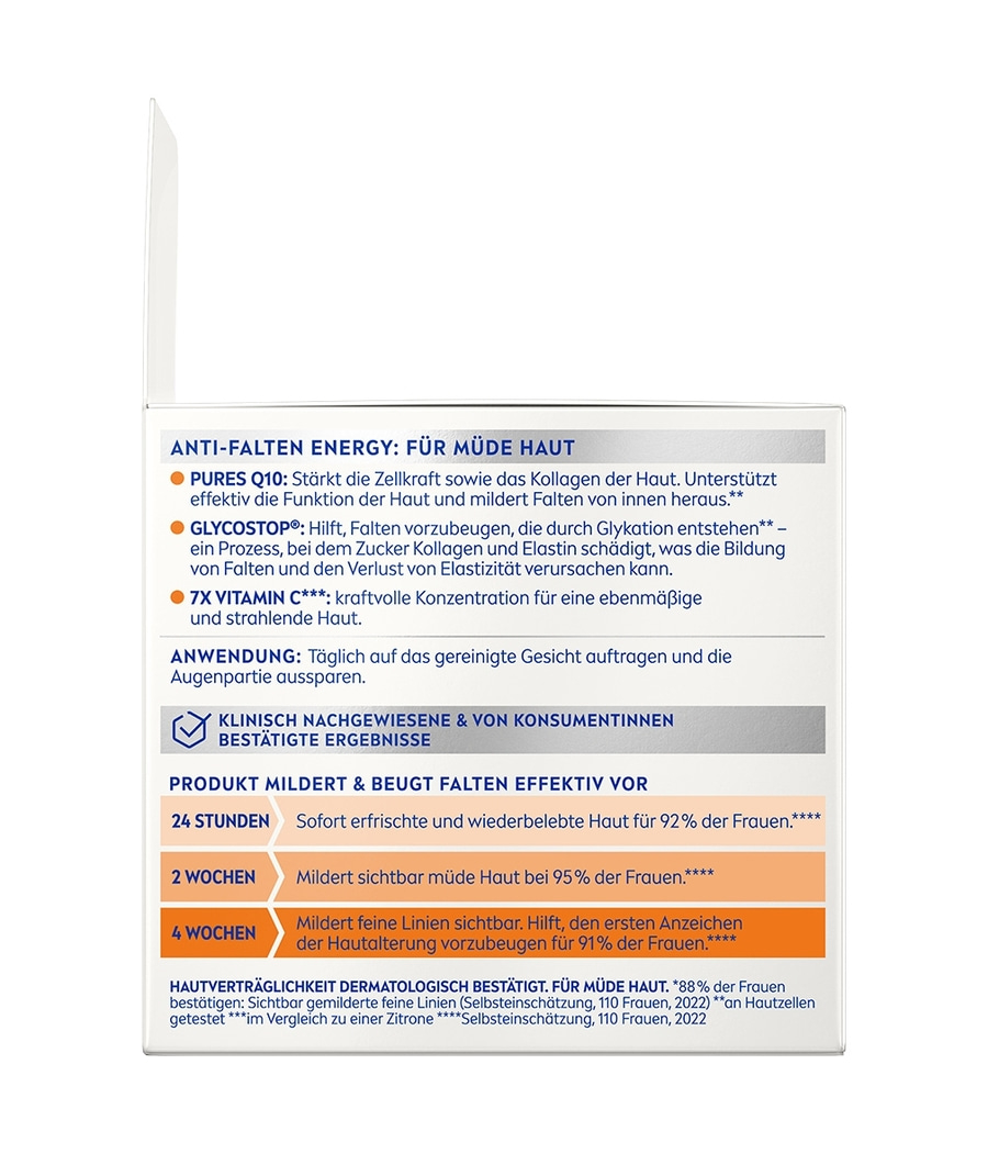 Anti-Falten Energy für müde Haut mit Q10 und Vitamin C, klinisch nachgewiesene Ergebnisse.