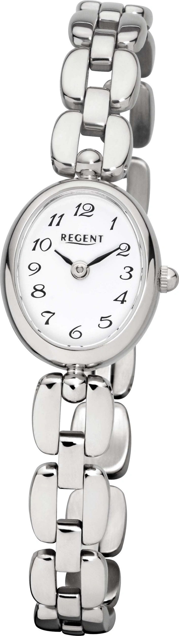 Silberne Armbanduhr mit weißem Zifferblatt und römischen Ziffern