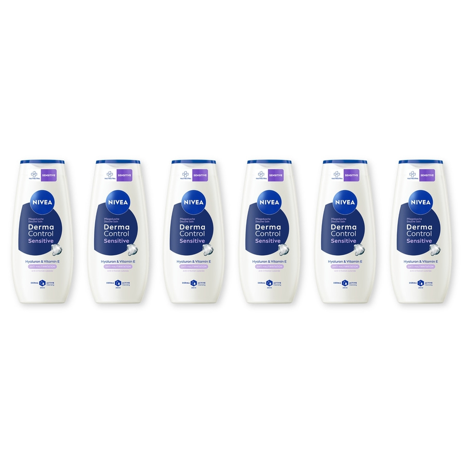 Sechs NIVEA Derma Control Sensitive Duschgelflaschen auf weißem Hintergrund.