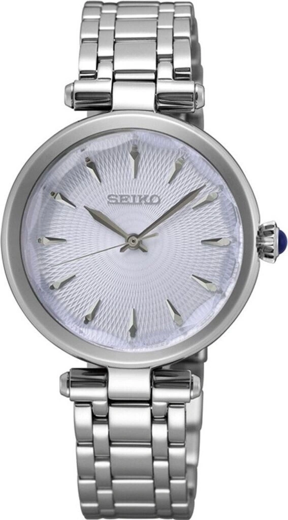 Silberne Seiko Damenuhr mit weißem Zifferblatt und
Armband