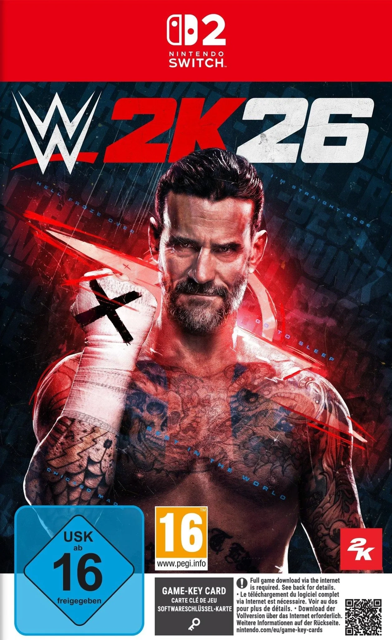 WWE 2K26 Spielcover mit CM Punk und Nintendo Switch Logo