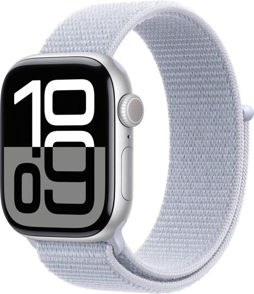 Apple Watch mit hellblauem Sport Loop Armband, Nahaufnahme, isoliert