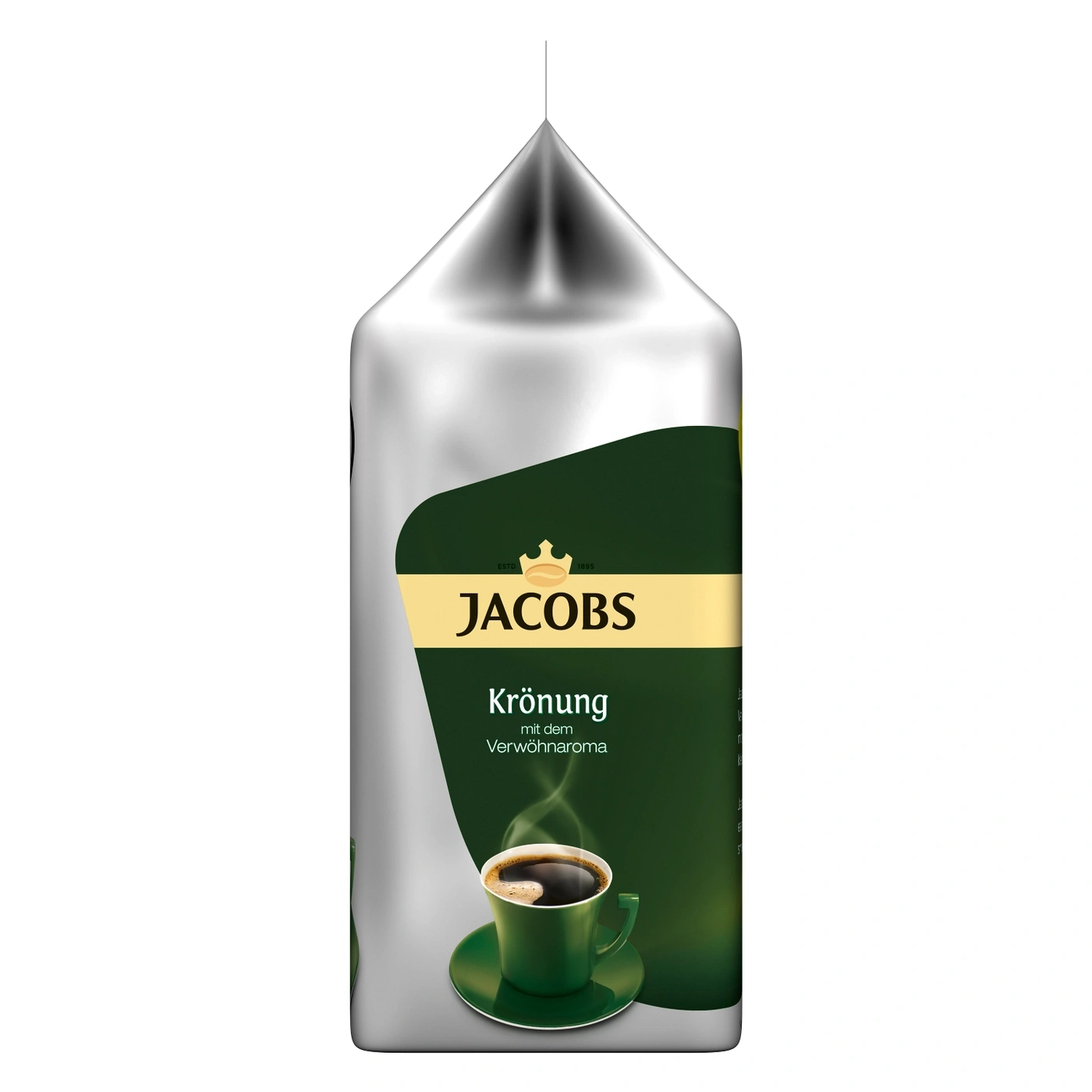 Jacobs Krönung Kaffeepackung mit grünem Becher und Untertasse, Nahaufnahme