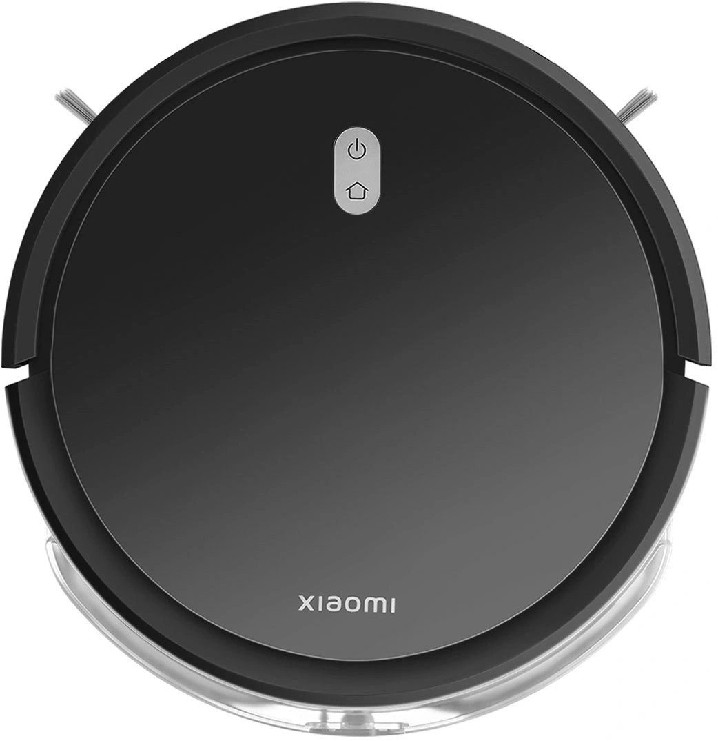Ein schwarzer runder Xiaomi Saugroboter mit Power- und Home-Taste.