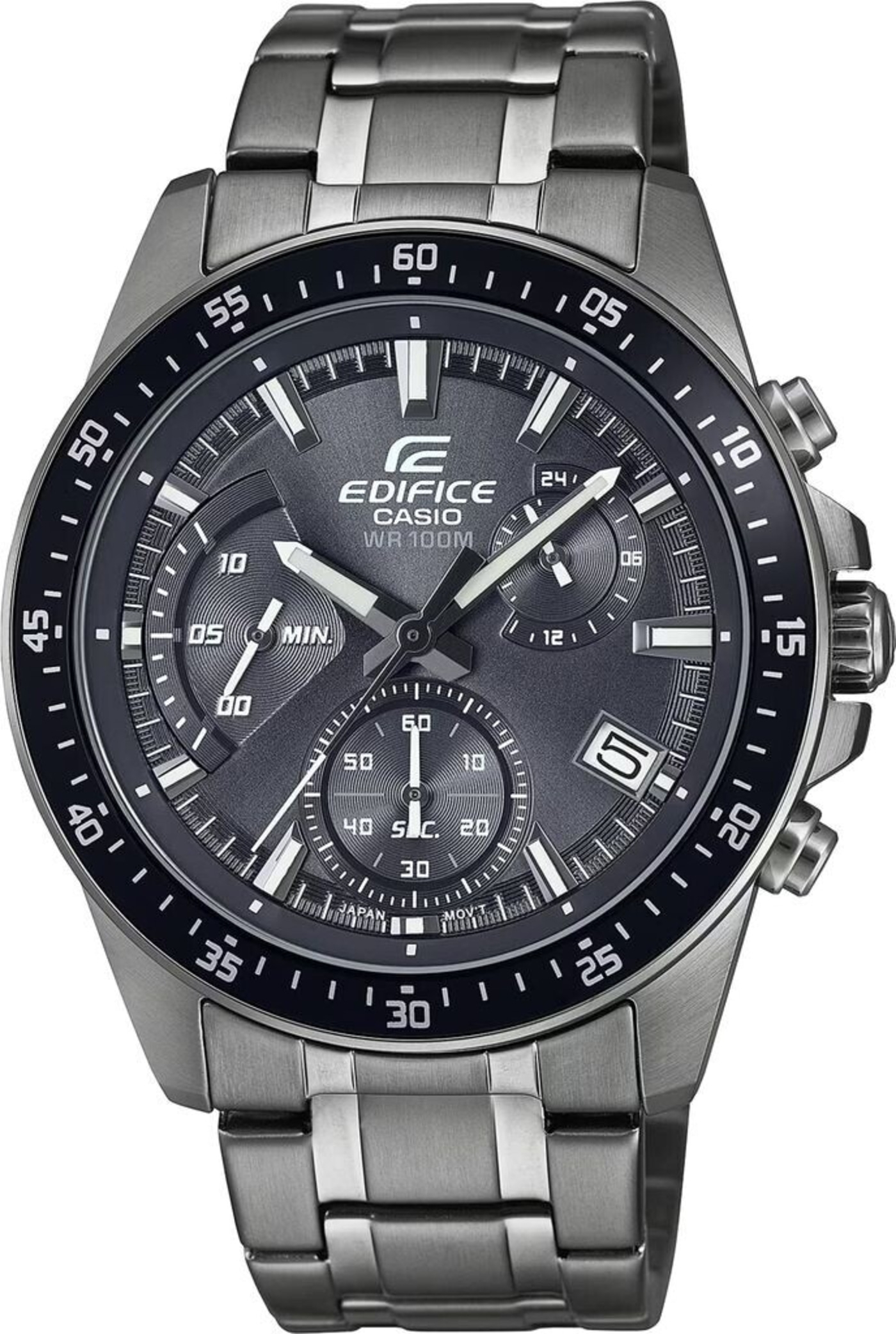 Eine nahaufnahme einer grauen herrenuhr mit chronograph-funktion und silbernem metallarmband.