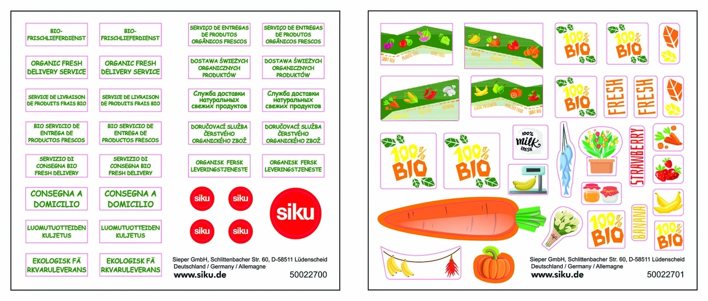 Aufkleber mit Bio-Produkten und Siku-Logo