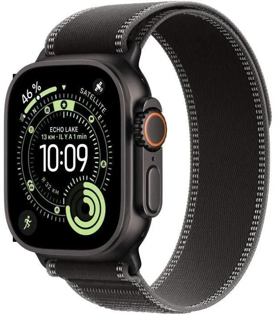 Eine dunkle Smartwatch mit schwarzem Armband und einem Display, das 10:09 Uhr anzeigt.