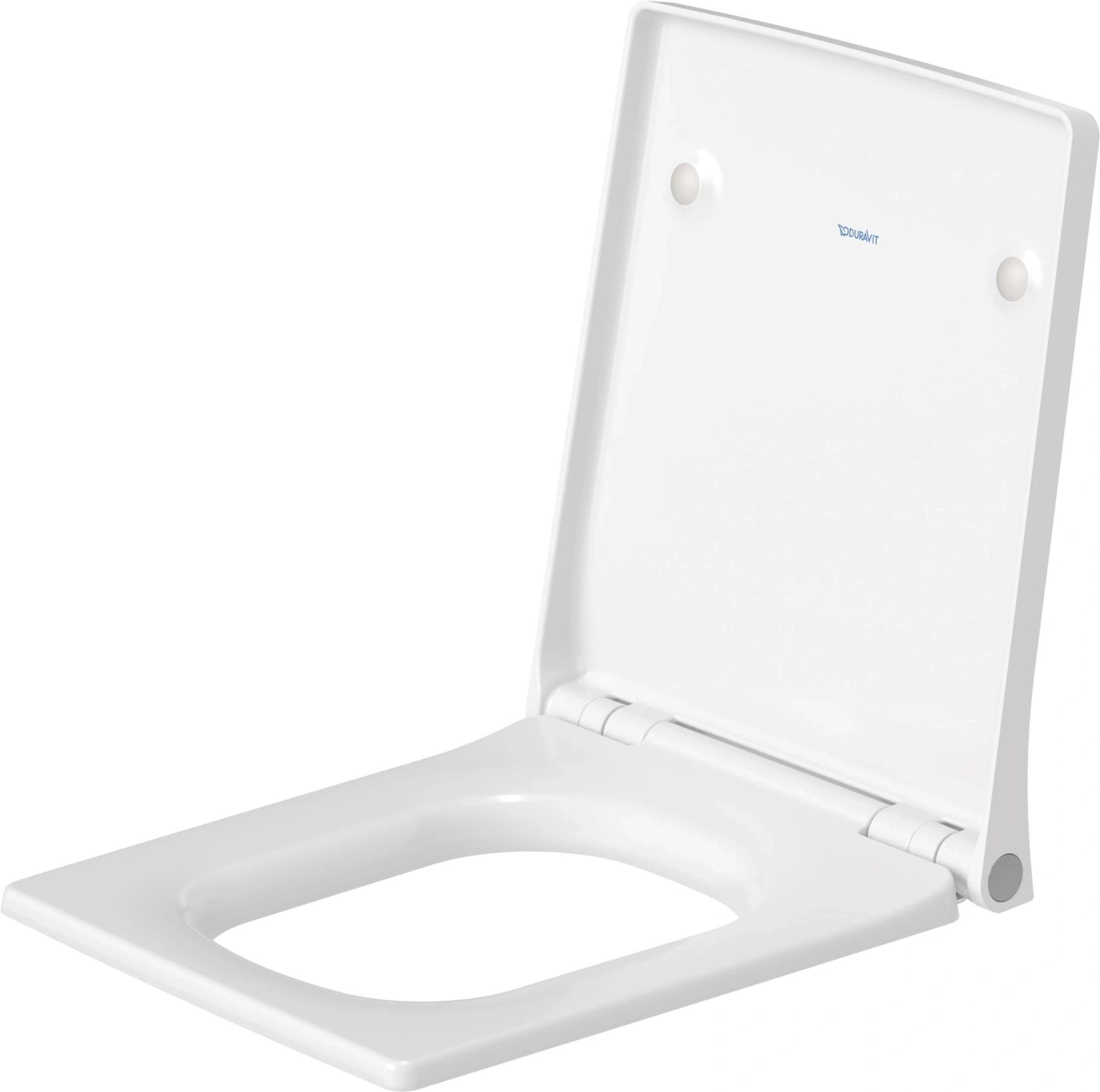 Weiße Toilettensitz-Abdeckung mit silbernen Scharnieren und Logo