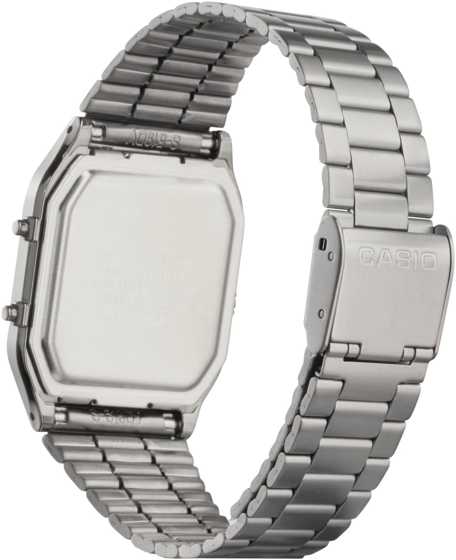CASIO VINTAGE Armbanduhr AQ-230EGG-2AEF Quarz Chronograph 30 x 39 mm B-WARE Casio Uhr, Edelstahl, silberfarben, Armband, Detailaufnahme, Nahaufnahme, Rückseite, Verschluss