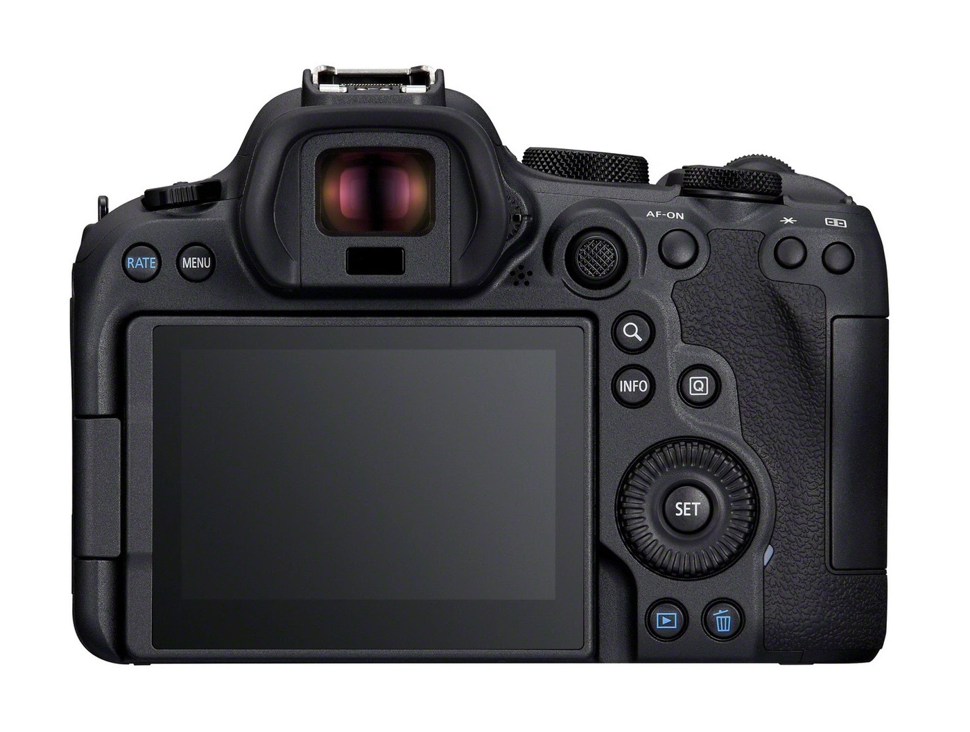 Rückansicht einer schwarzen Canon Digitalkamera mit Bildschirm und Knöpfen