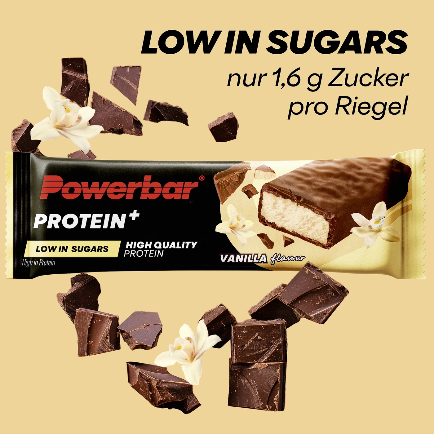 Powerbar Proteinriegel mit Vanillegeschmack, wenig Zucker und Schokoladenstücken.