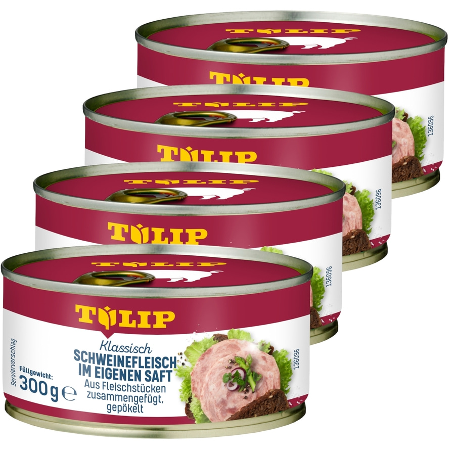 TULIP 4x 300 g Schweinefleisch im eigenen Saft Fleisch Schwein Frühstücksfleisch