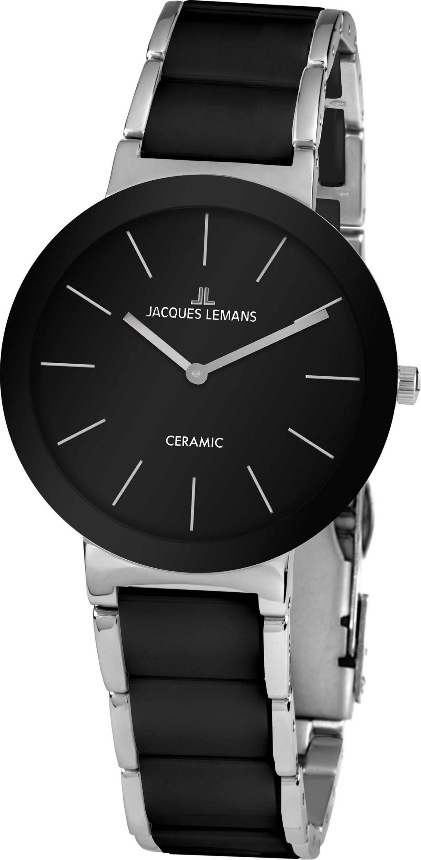 Schwarze Jacques Lemans Uhr mit Keramik-Zifferblatt und silbernem Armband