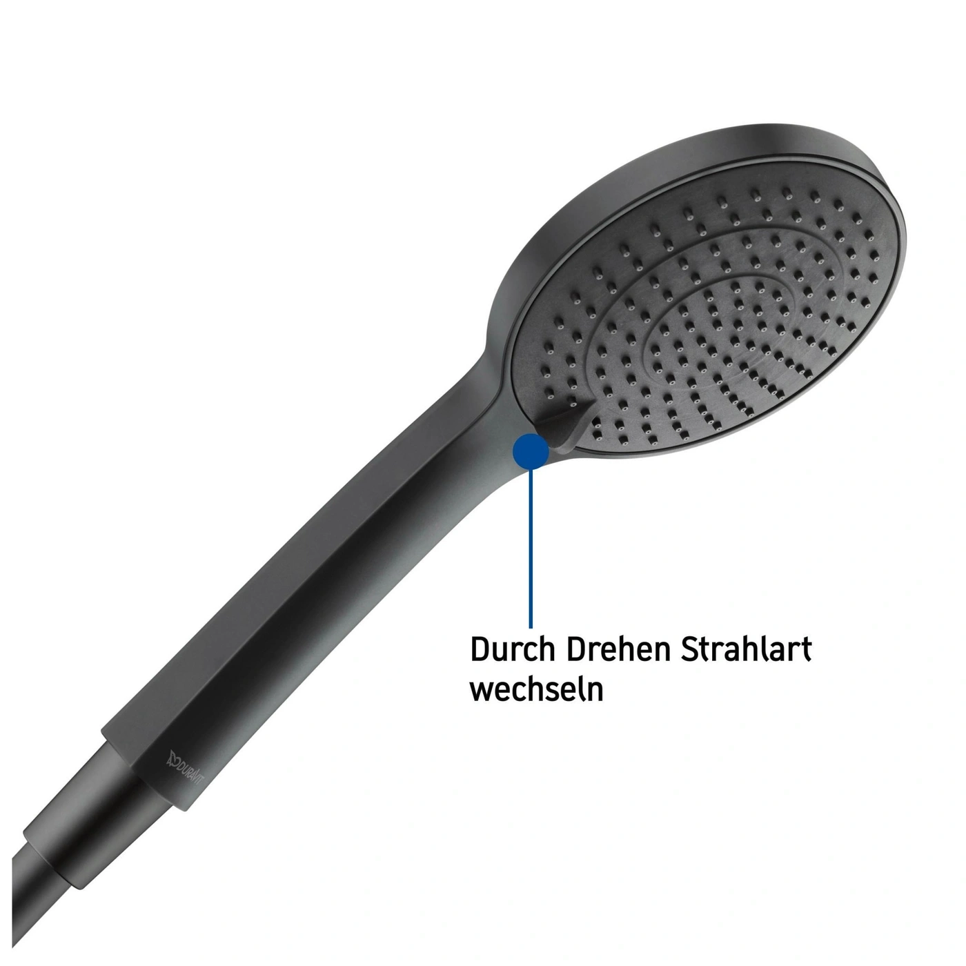 Schwarze Duschbrause mit der Aufschrift "Durch Drehen Strahlart wechseln"