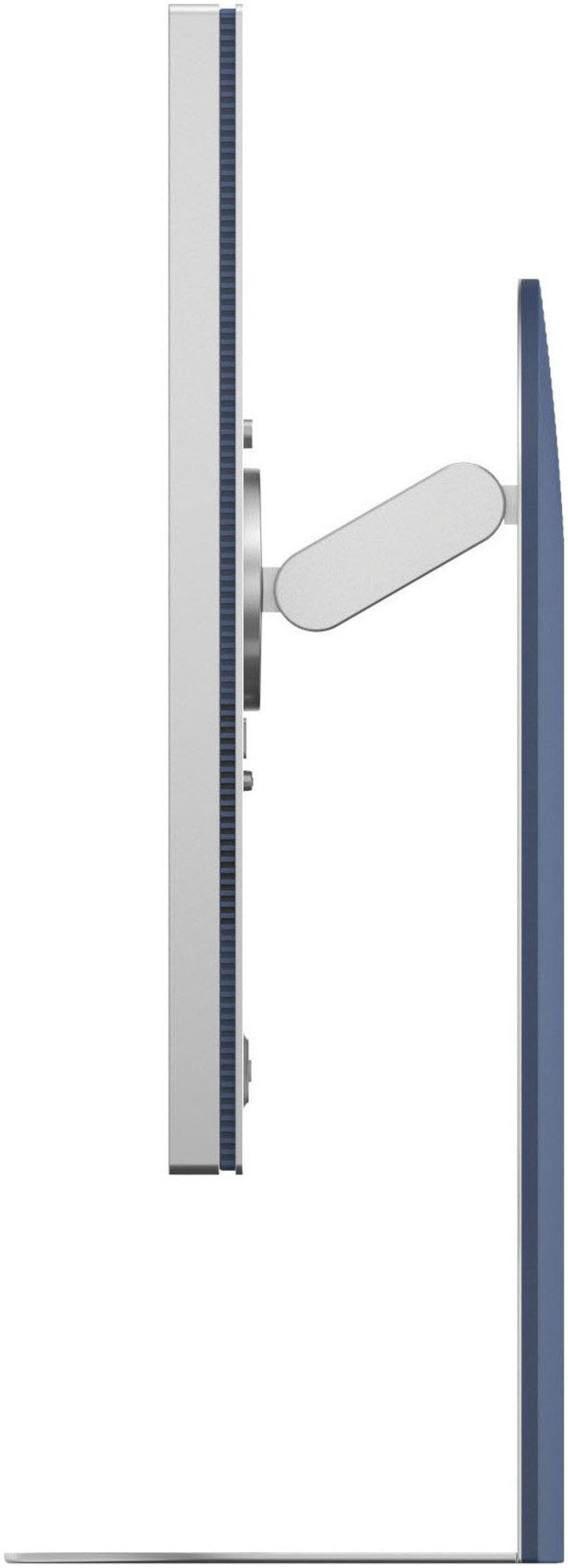 Seitenansicht eines silbernen Monitors mit blauem Ständer