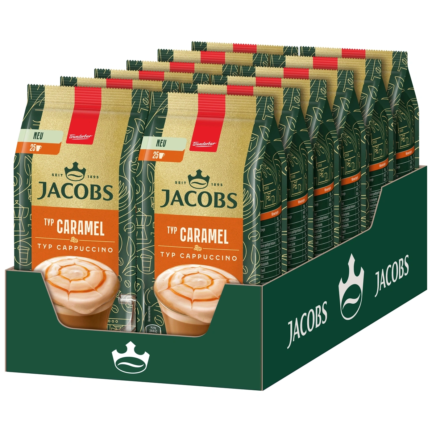 Jacobs Kaffee-Packungen in einer Box, Typ Caramel Cappuccino, mit dem Logo und der Aufschrift 'NEU'