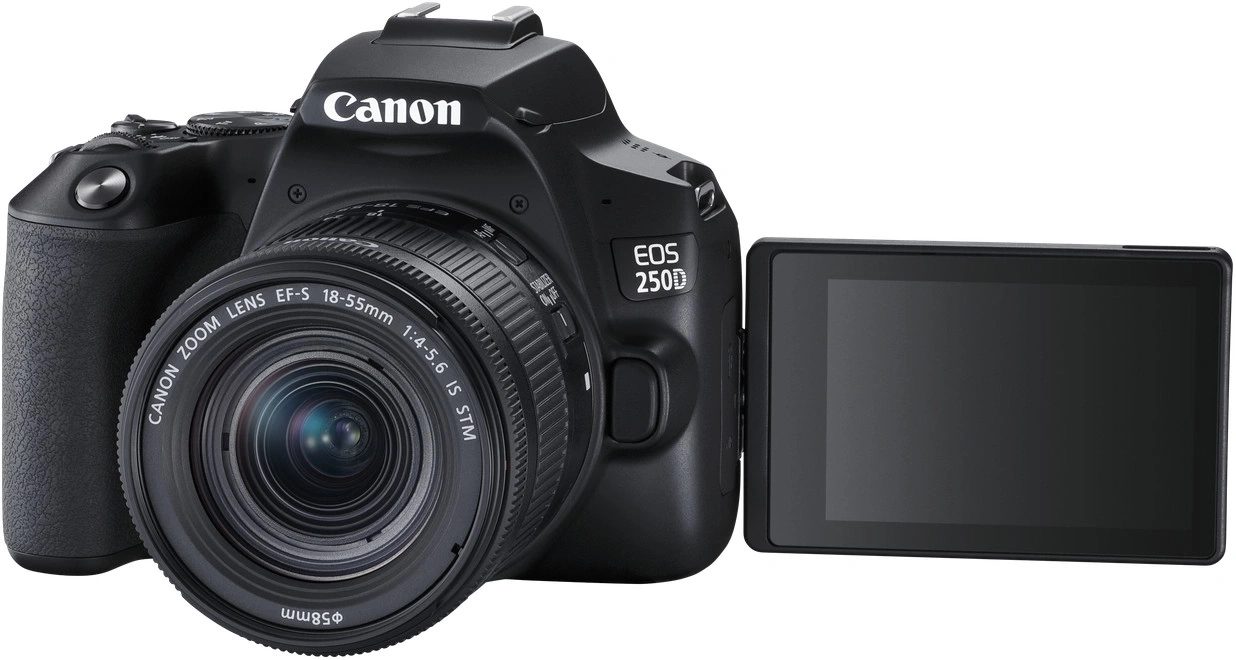 Schwarze Canon EOS 250D Digitalkamera mit Objektiv und LCD-Bildschirm