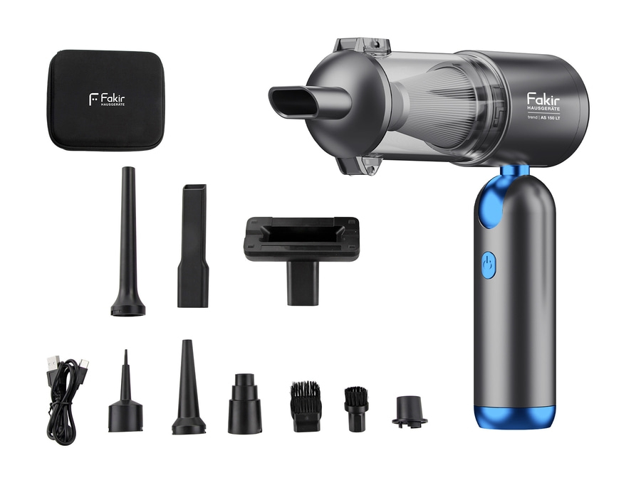 Ein Fakir Handstaubsauger-Set mit Zubehör und Ladekabel