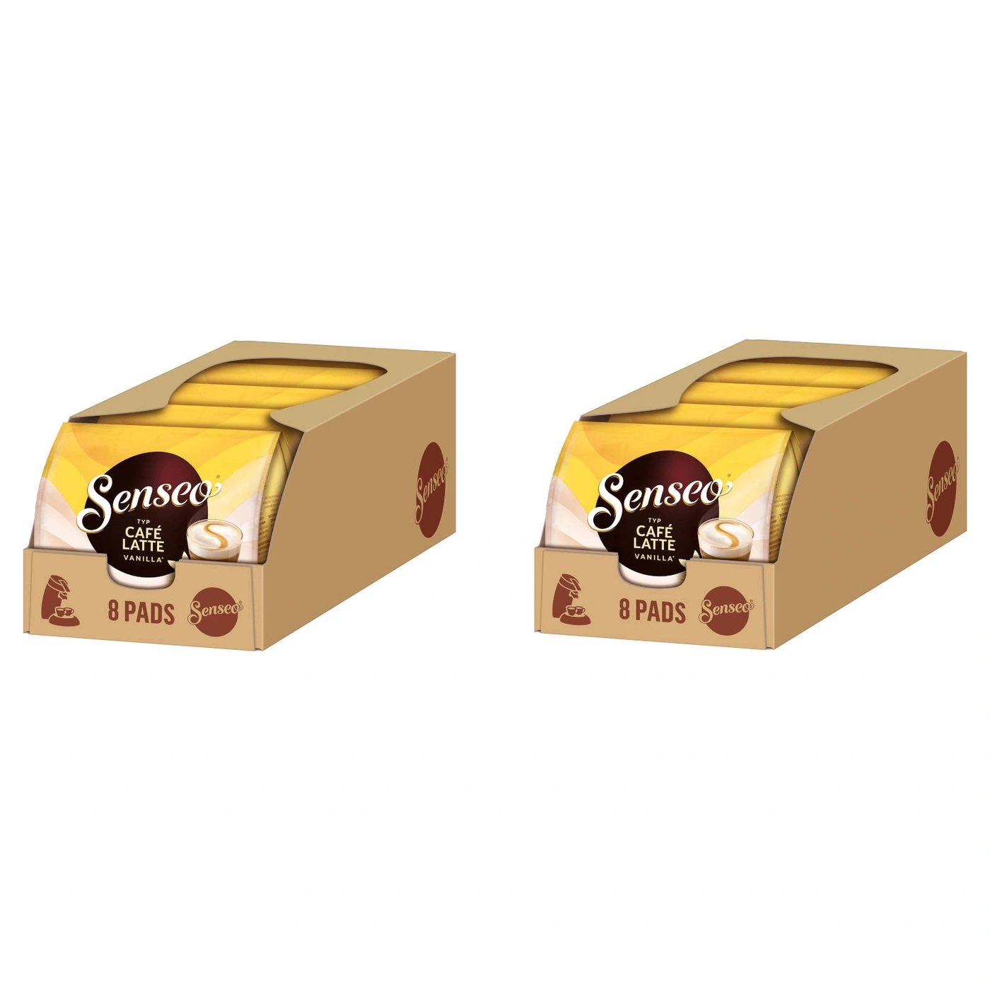 Zwei Senseo Café Latte Vanilla Packungen mit 8 Pads, brauner Hintergrund