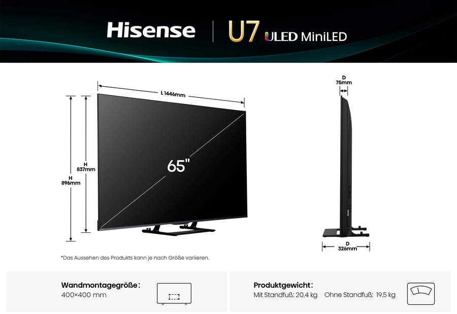 Hisense U7 ULED MiniLED Fernseher mit Abmessungen und Gewicht, 65 Zoll Bildschirm.