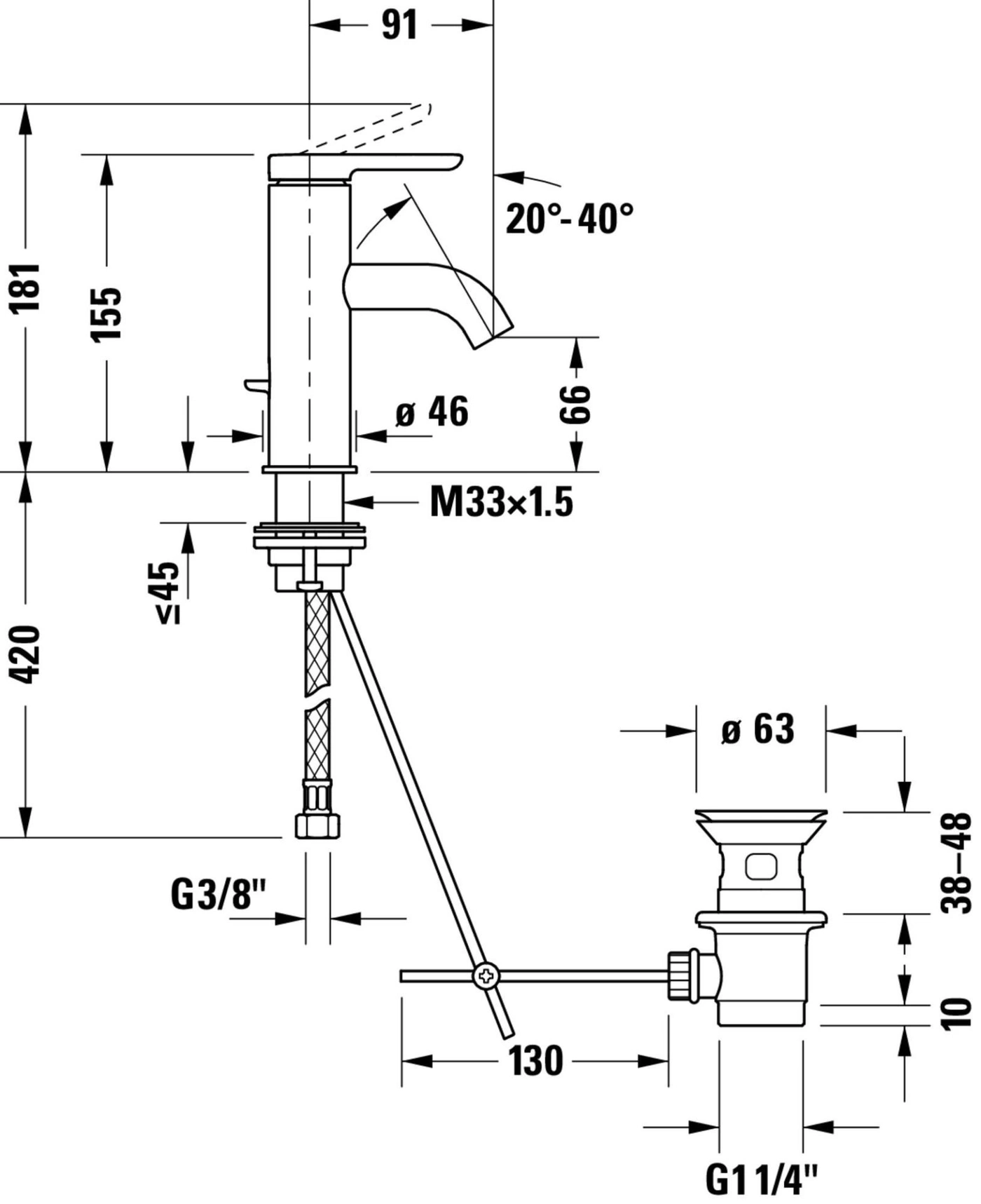 Wasserhahn-Diagramm mit Abmessungen: 420mm, 181mm, 155mm, Ø46mm, M33x1.5, G3/8", G1 1/4", 91mm, 99mm, 130mm, Ø63mm, 38-48mm, 10mm.
