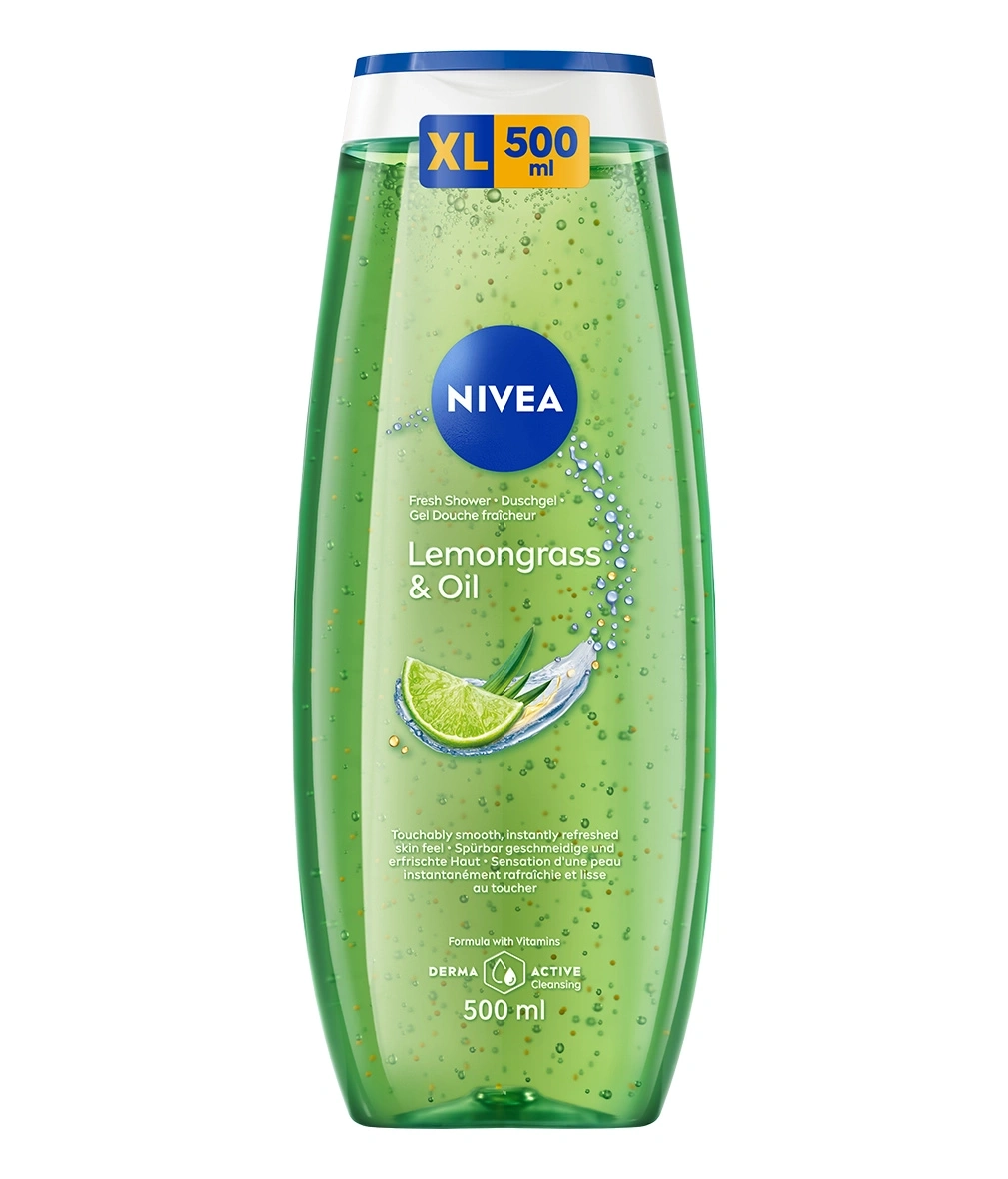 Eine Flasche Nivea Lemongrass & Oil Duschgel mit "XL 500 ml" Aufkleber.