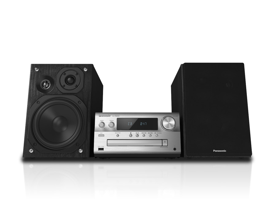 Stereoanlage mit Lautsprechern, silberner Player, schwarze Boxen, Panasonic, CD-Player