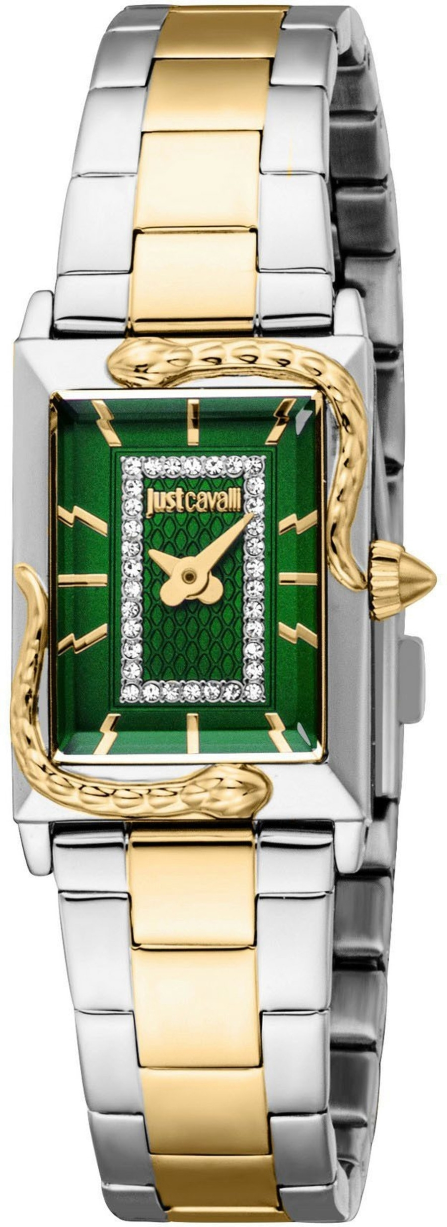Eine goldene und silberne Armbanduhr mit einem grünen Zifferblatt und Schlangenmotiv.