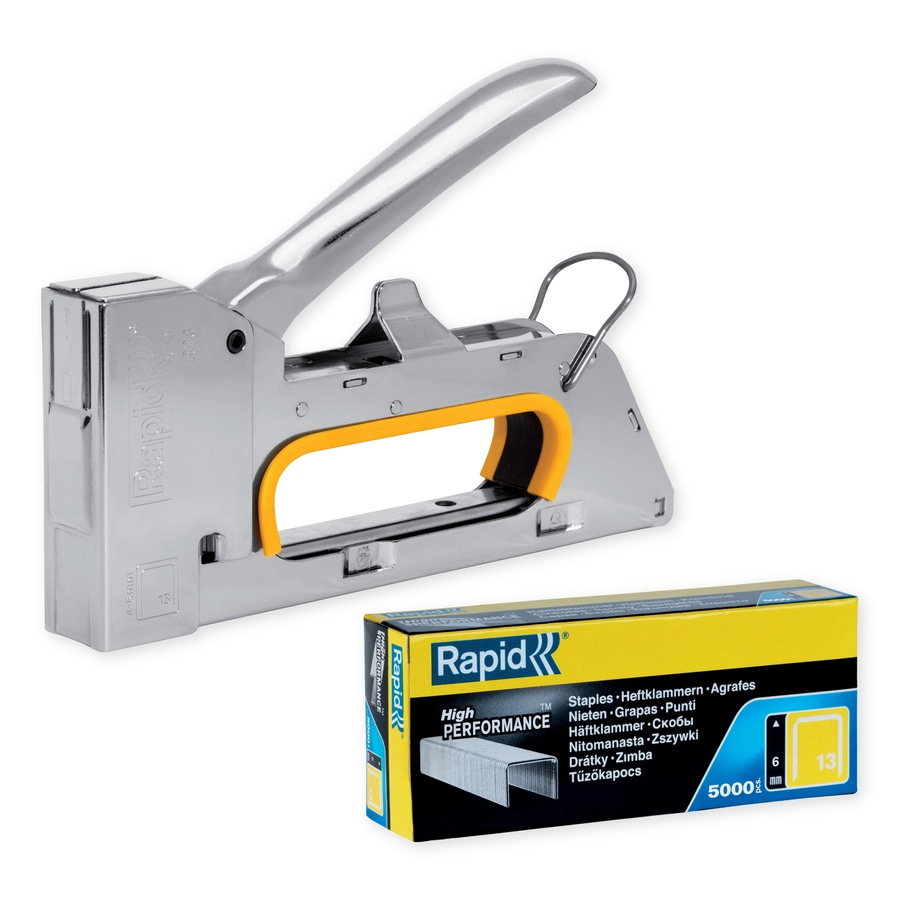 Stapler mit gelbem Griff und Schachtel mit Klammern