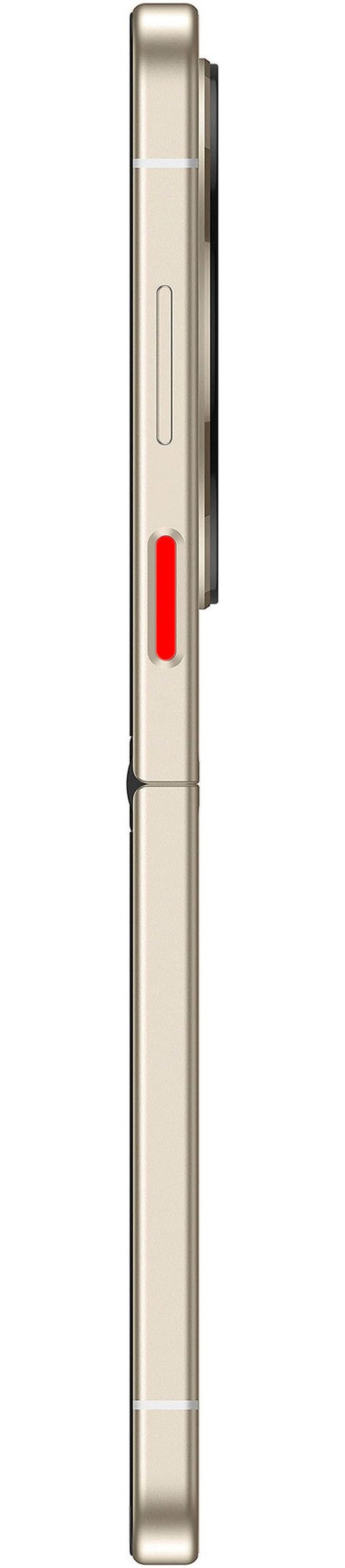 Goldenes Smartphone mit rotem Knopf und schwarzem Kameramodul